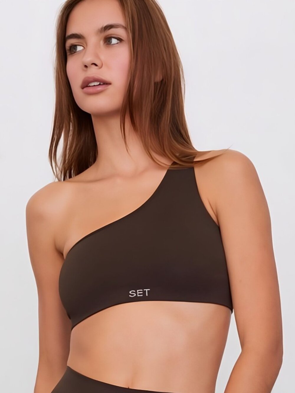 NWOT SET Active Sculptflex® Ribbed One Shoulder Bra Espresso Brown L Longline